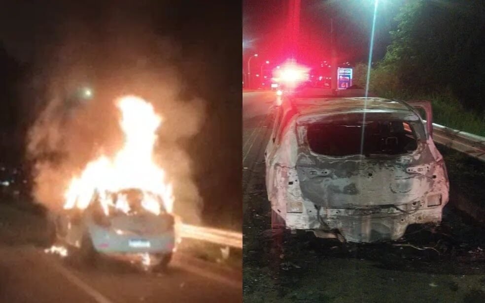 Carro em chamas revela corpo canonizado na BR-101 no Recife. Foto: Reprodução